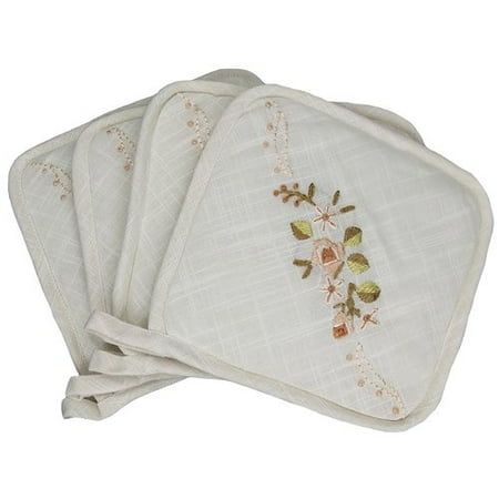 Xia Home Fashions Linen Flowers Crewel Embroidered with Hemstitch Potholder (Set of 4)