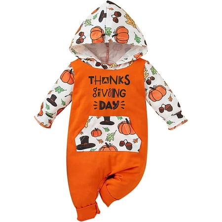 

YOUI-GIFTS Baby Thanksgiving Day Outfits Long Sleeve Pumpkin Hooded Pocket Romper Jumpsuit For Baby