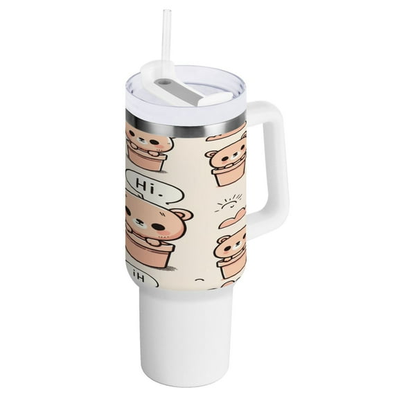 40 oz Tumbler with Handle and Straw Lid Cute Teddy Bear in Pots Insulated Vacuum Water Bottle Stainless Steel Travel Cup