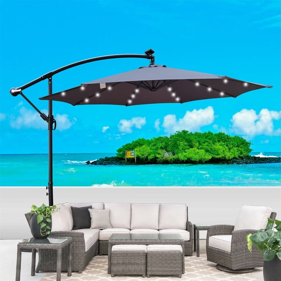 Canddidliike 10' Solar 24 LED Lighted Umbrella with 8 Ribs,Crank and Cross Base - Gray