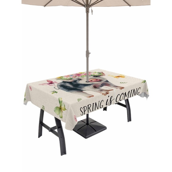 Outdoor Tablecloth with Umbrella Hole for Patio/Picnic/Party/Camping, Spring Pig Waterproof Table Cloth Rectangle Table Cover Washable, Butterfly Botanical Floral Rustic (54"x 80")