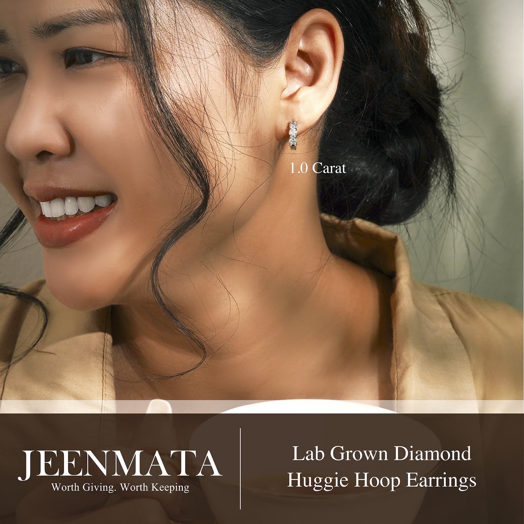 JeenMata 1 Carat Lab Grown Diamond Huggie Hoop Earring - Round Cut Three Stones Huggie Earrings in 18K White Gold Plating for Women, Gift for Her