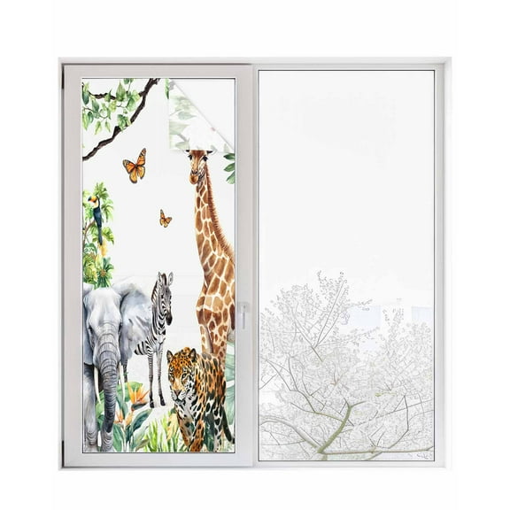 Window Privacy Film Tropical Animals Stained Glass Window Film Decorative Sun Block Window Cover Summer Palm Leaves Watercolor Window Clings Static Adhesive Sticker for Bathroom 29.5"x78.7"