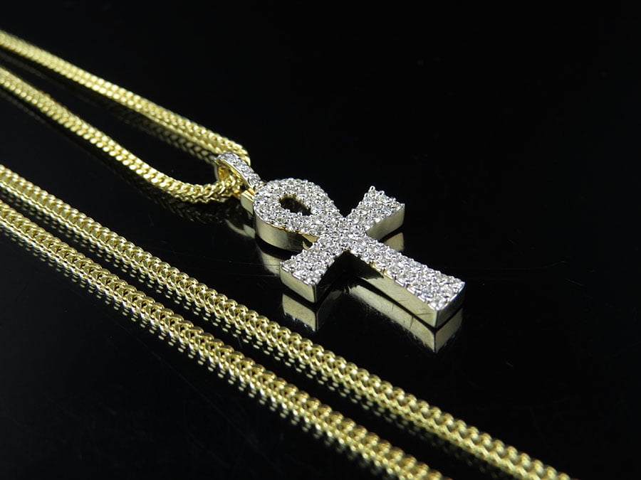10K Yellow Gold Solid Ankh Cross Real Diamond Pendant Charm Chain Combo 0.50ct by Jewelry Unlimited