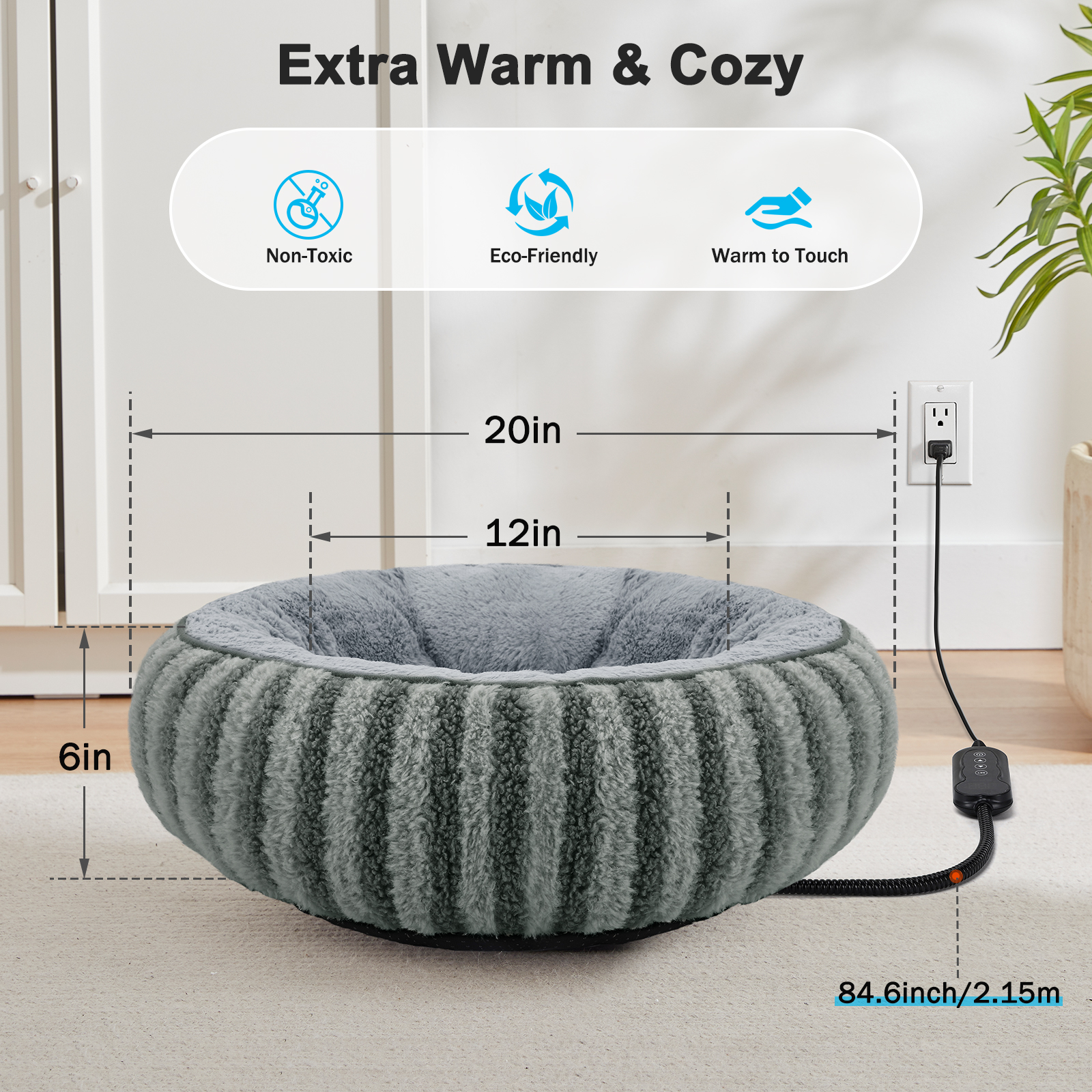 Heated Cat Bed Indoor for Cats and Small Dogs, 20in Donut Heating Pet Bed with Timer and Temperature Control, Waterproof Ultra Soft Cozy Washable Warming Bed, Gray