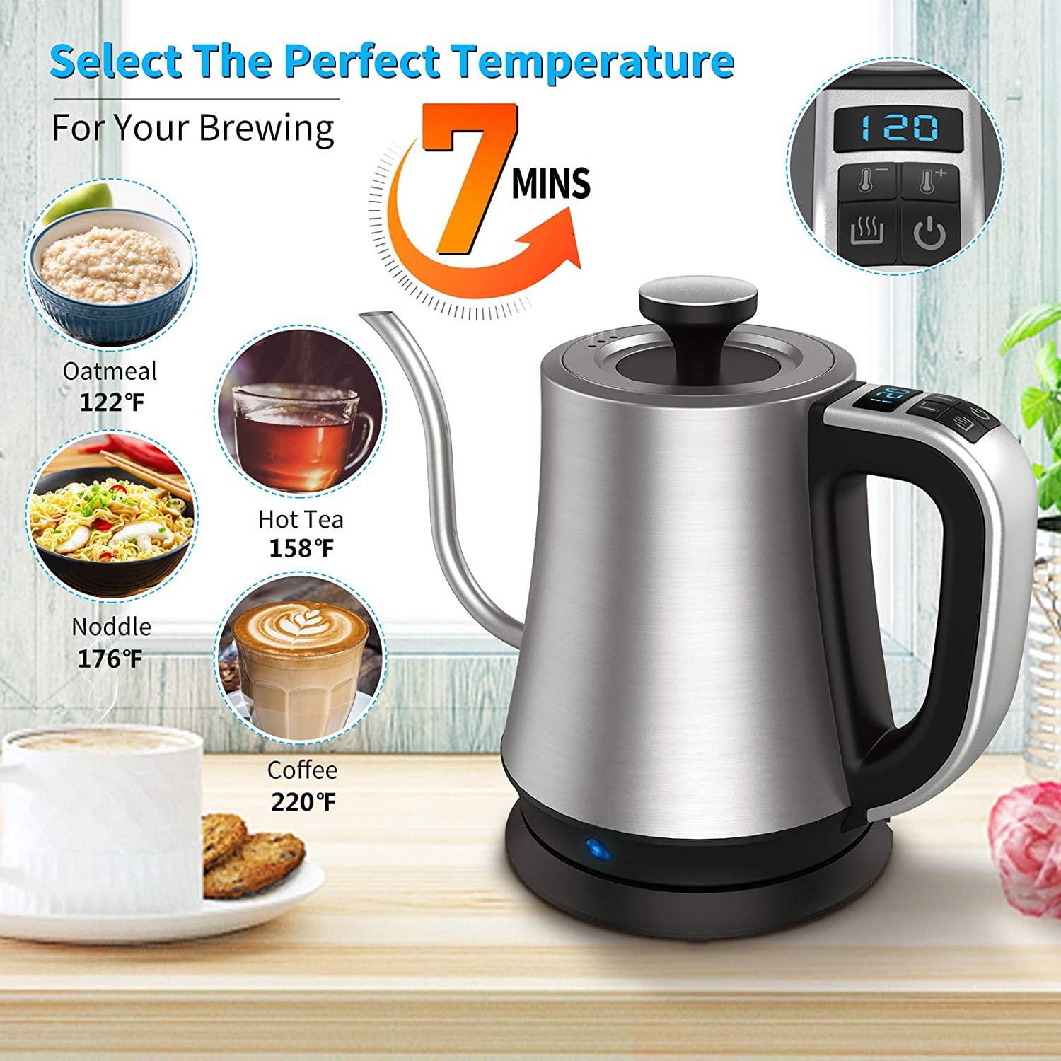 Lovebay Gooseneck Kettle 1 Liter Builtin Temperature Control Stainless Steel Electric Kettle