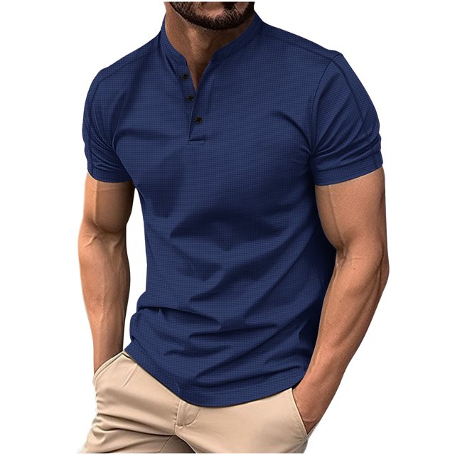 Birdeem Shirts for Men Mens Solid Color Button-Up Short Sleeve Stand Collar Top Stand Collar Top/Shirt