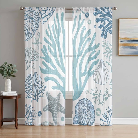 Aqua Coastal Sheer Curtains 63 Inch Length 2 Panels Set, Summer Nautical Starfish Beach Coral Voile Window Treatment Rod Pocket Curtains Sheers Drapes for Bedroom/Living Room/Kitchen 52x"63"x2