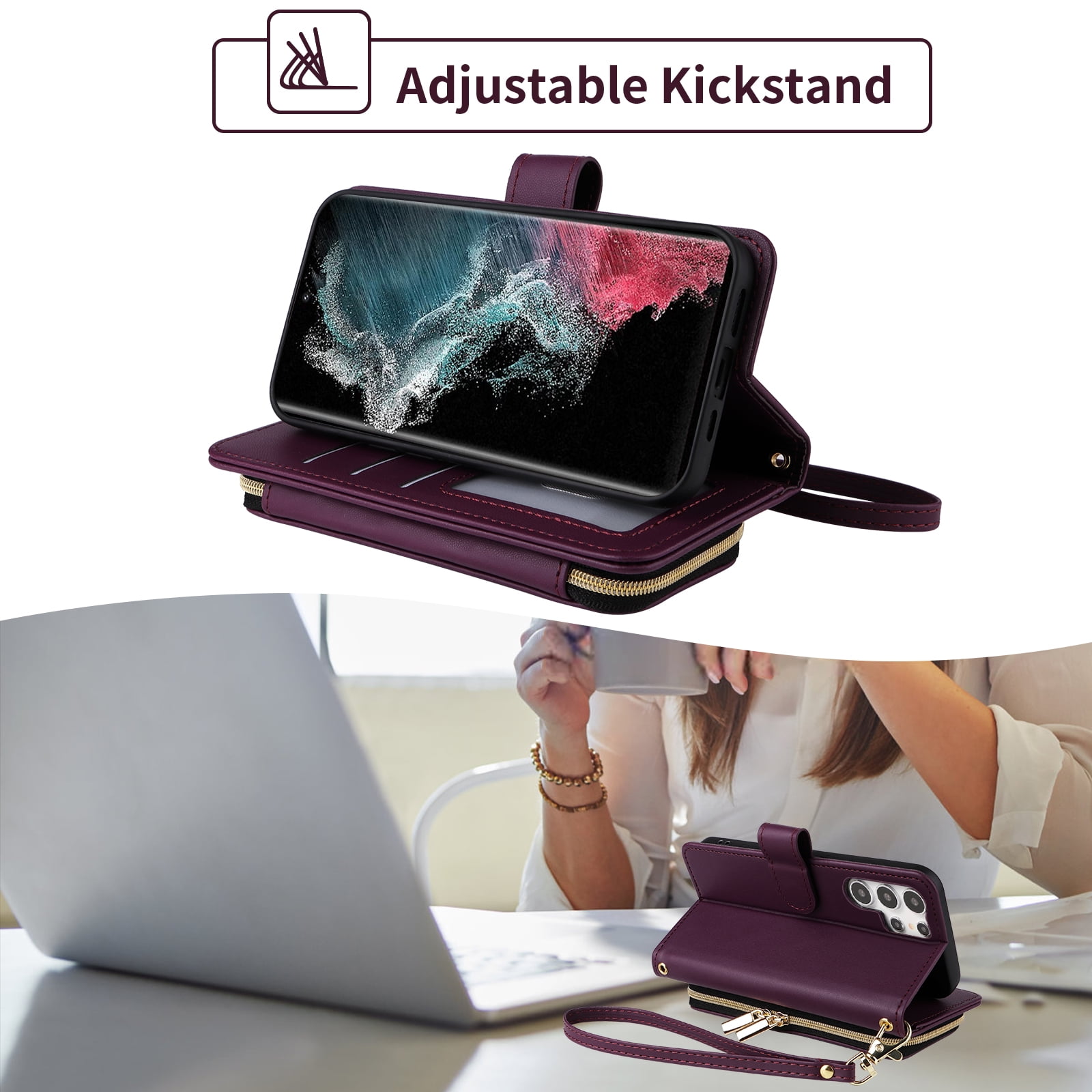 Furiet Wallet Case for Samsung Galaxy S21 Ultra 5G with Wrist Strap Crossbody Shoulder Strap Card Slots Zipper Purse, Leather Stand Cell Phone Cover for S21ultra 21S S 21 21ultra G5 Women Deep Purple