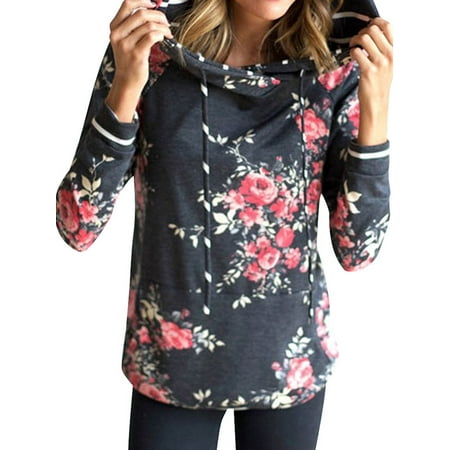 Embroidered Two Pocket Sweatshirt - Starvnc Woman Long Sleeve with Pocket Floral Print Pullover Hoodie