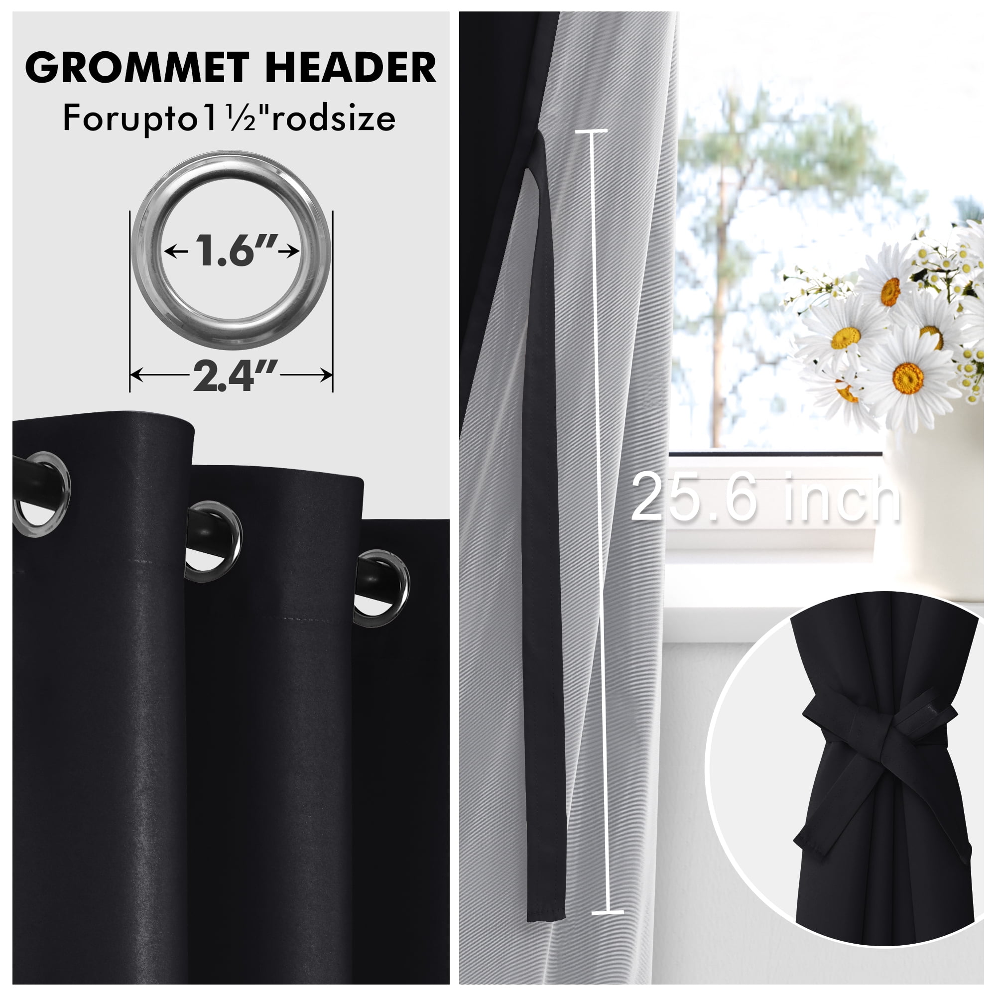 XWZO Black 100% Double Layer Blackout Curtains 84 Inches Long for Bedroom with Liner,Grommet Thermal Insulated Living Room Darkening Drapes with Tiebacks(Black,42"W x 84"L,2 Panels)