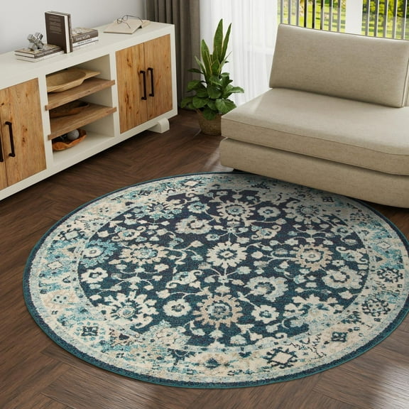 Unique Loom Penrose Collection Area Rug - Krystle (3' 3" Round Navy Blue/Beige)