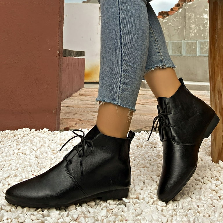 Ankle Boots for Women Ladies Ladies Retro Solid Pointed Toe Flat Lace Up Ankle Boots Western Short Boots