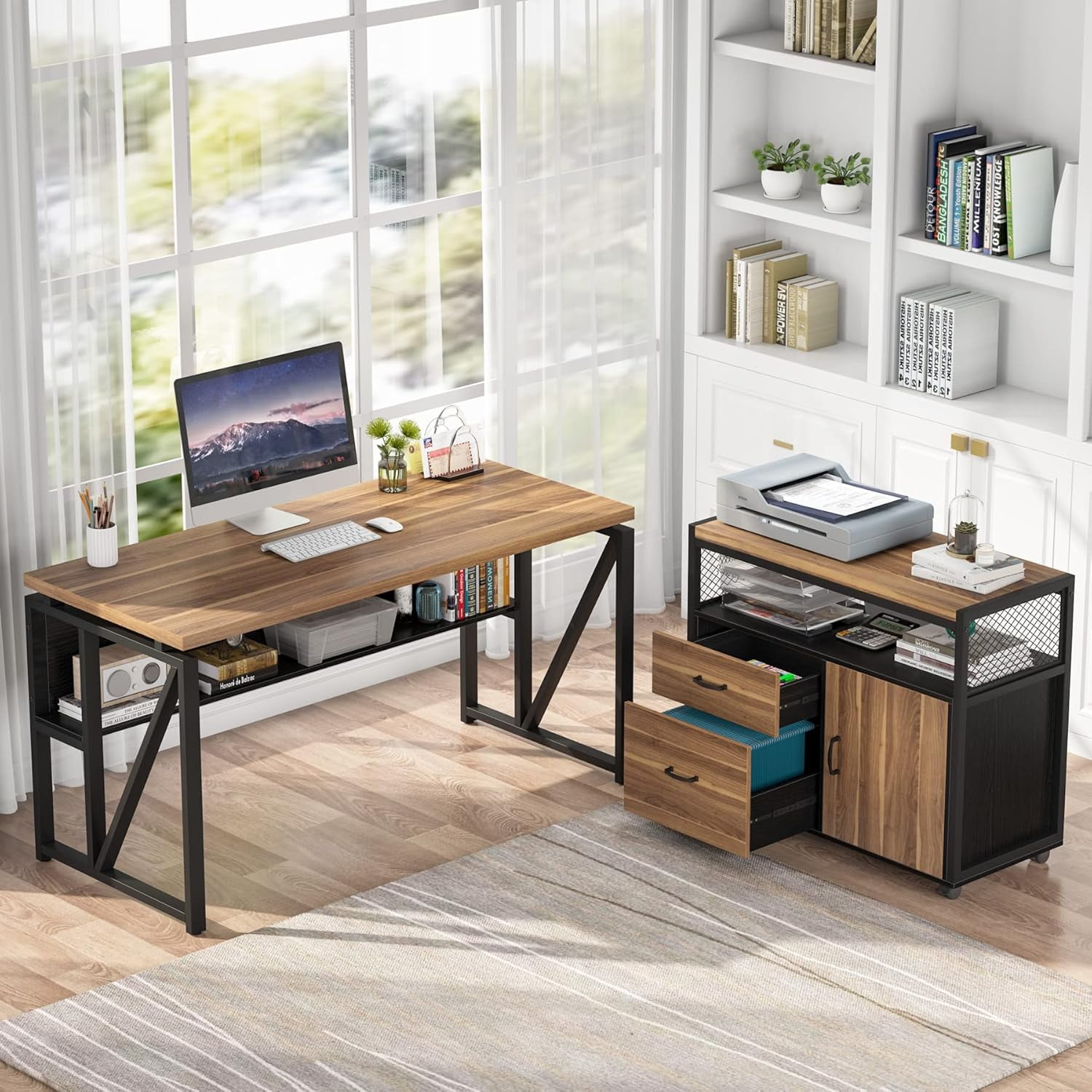 Tribesigns Modern File Cabinet with Drawers and Storage Shelves, Lockable Cabinet & Rolling Caster (Brown & Black)