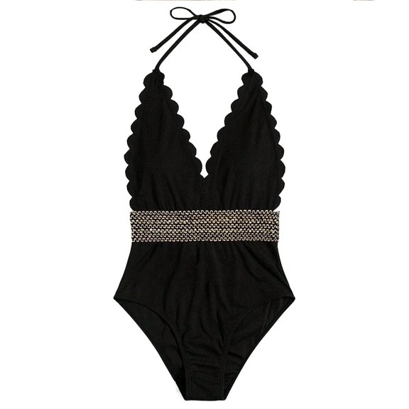 QHFBli Women's One Piece Swimsuit Halter Back Tie Scalloped V Neck Textured Contrast Stitching