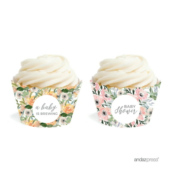 Peach Coral Floral Garden Party Baby Collection, Cupcake Wrappers, 20-Pack
