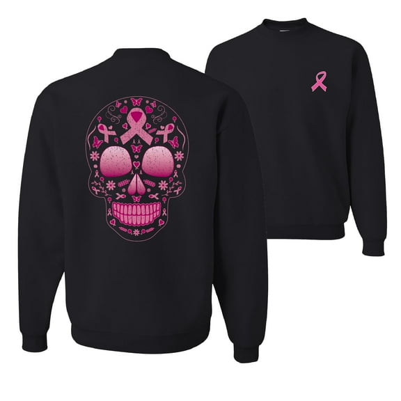 Wild Bobby Pink Breast Cancer Sugar Skull Breast Cancer Awareness Front and Back Unisex Crewneck Sweatshirt, Black, Small