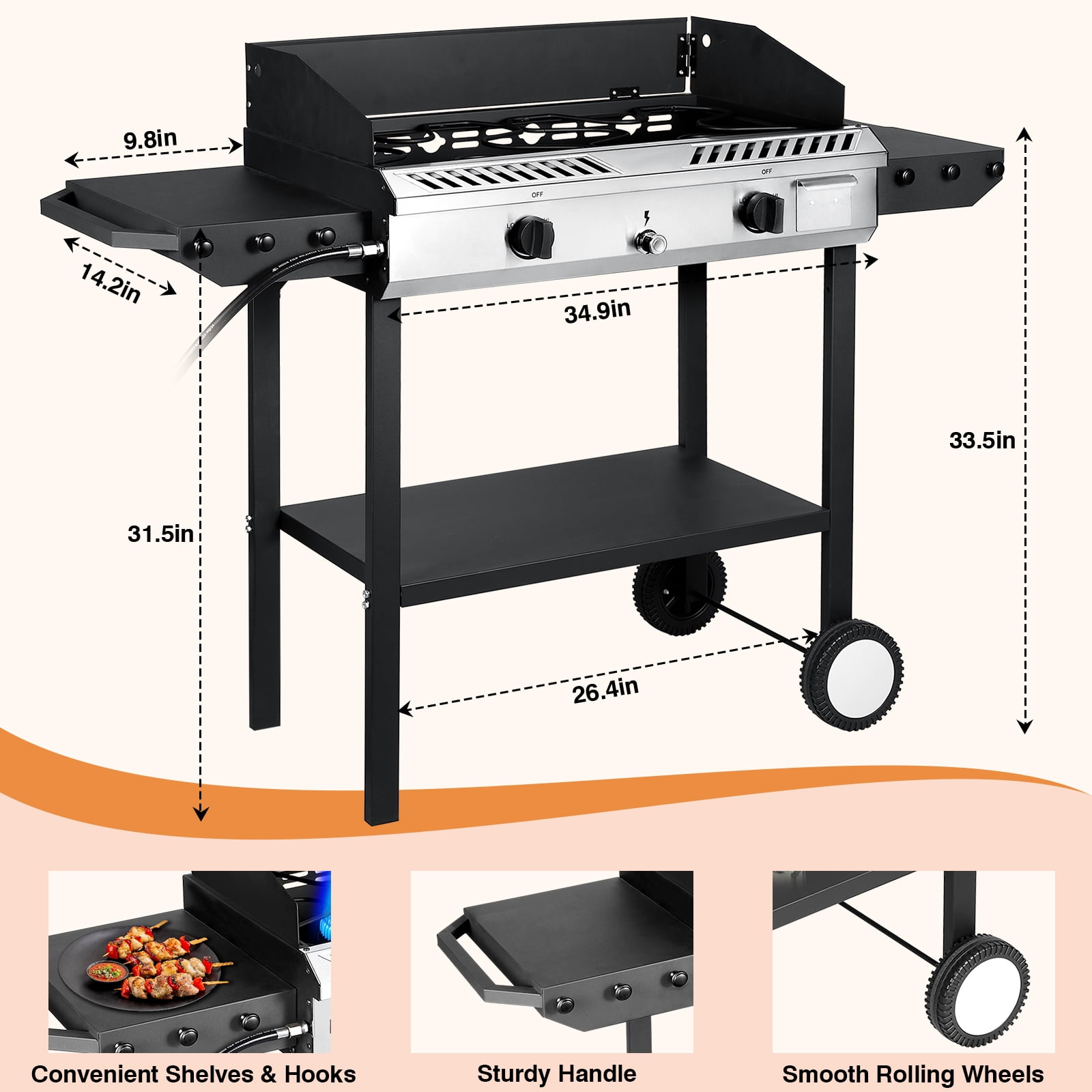 SIXDAY 150,000 BTU 2-Burner Outdoor Gas Stove with Side Shelves & Wind Panel, Regulator, and All-Terrain Wheels for Easy Mobility