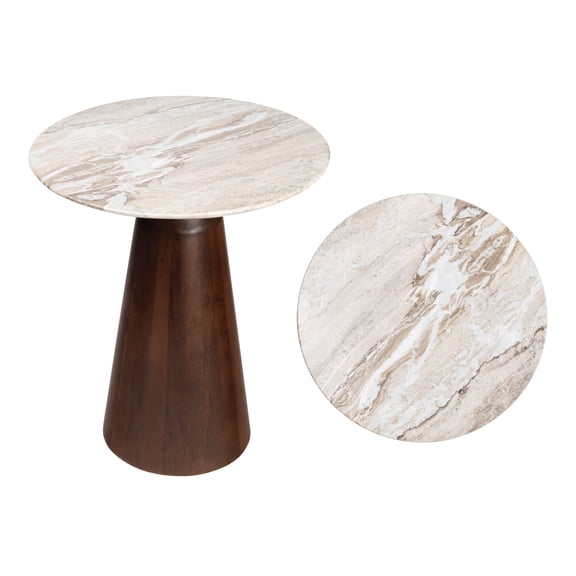 JONATHAN Y Kaito 18" Rustic Minimalist Round Marble/Wood Accent Table, White Marble/Walnut Wood, END5003A