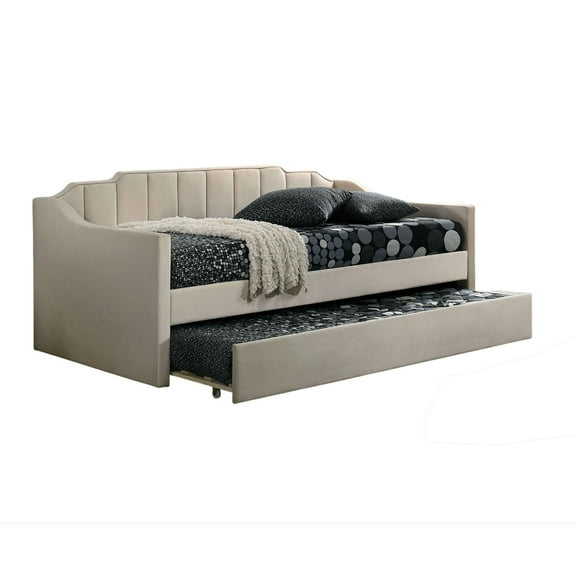 Oren Twin Daybed with Staircase Headboard, Beige Channel Tufted Fabric