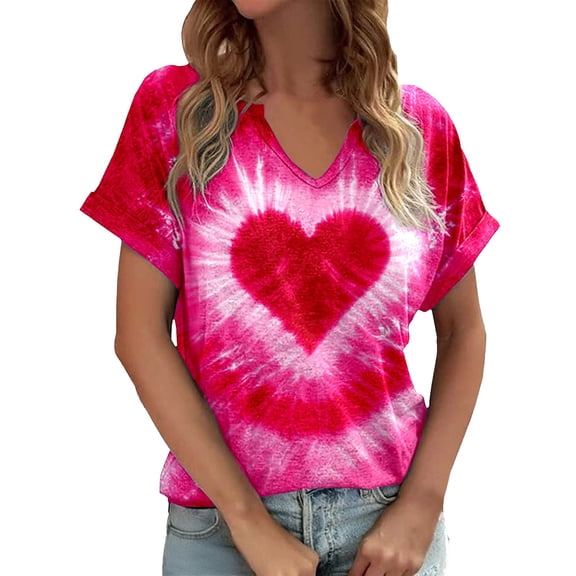 DHFJKG Womens Casual Short Sleeve V Neck T Shirt Tie Dye Heart Printed Soft Everyday Basic Tee Top For Ladies Comfort Fit Stylish Tops