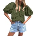 thumbnail image 2 of BVOFAR Women's Summer Hollow Out Lace Tops Dressy Casual Solid Color Shirts Short Lantern Sleeve V Neck Button Blouses 2025, 2 of 6
