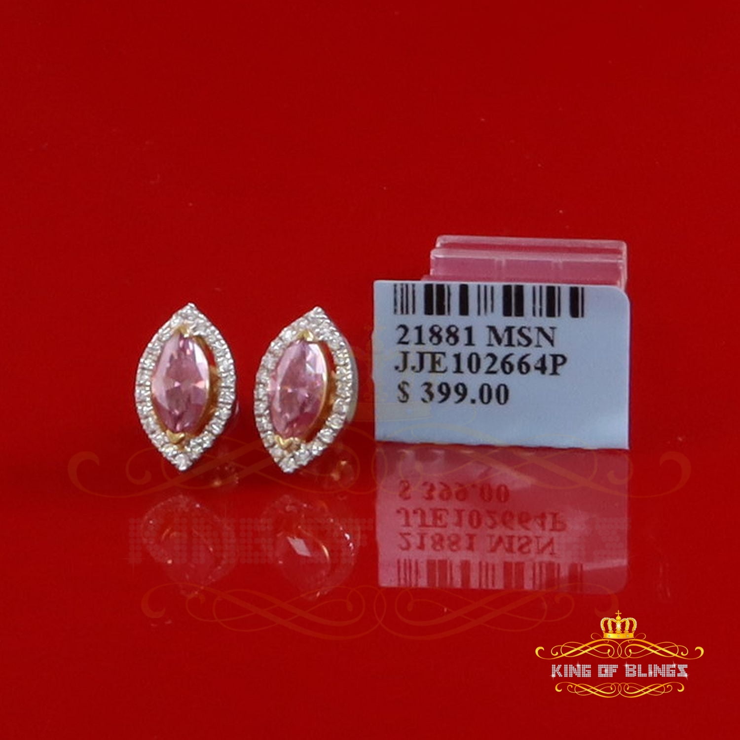 King of Bling's 1.25CT VVS 'D' Pink Moissanite Men's/Women 925 Yellow Silver Stud Earrings