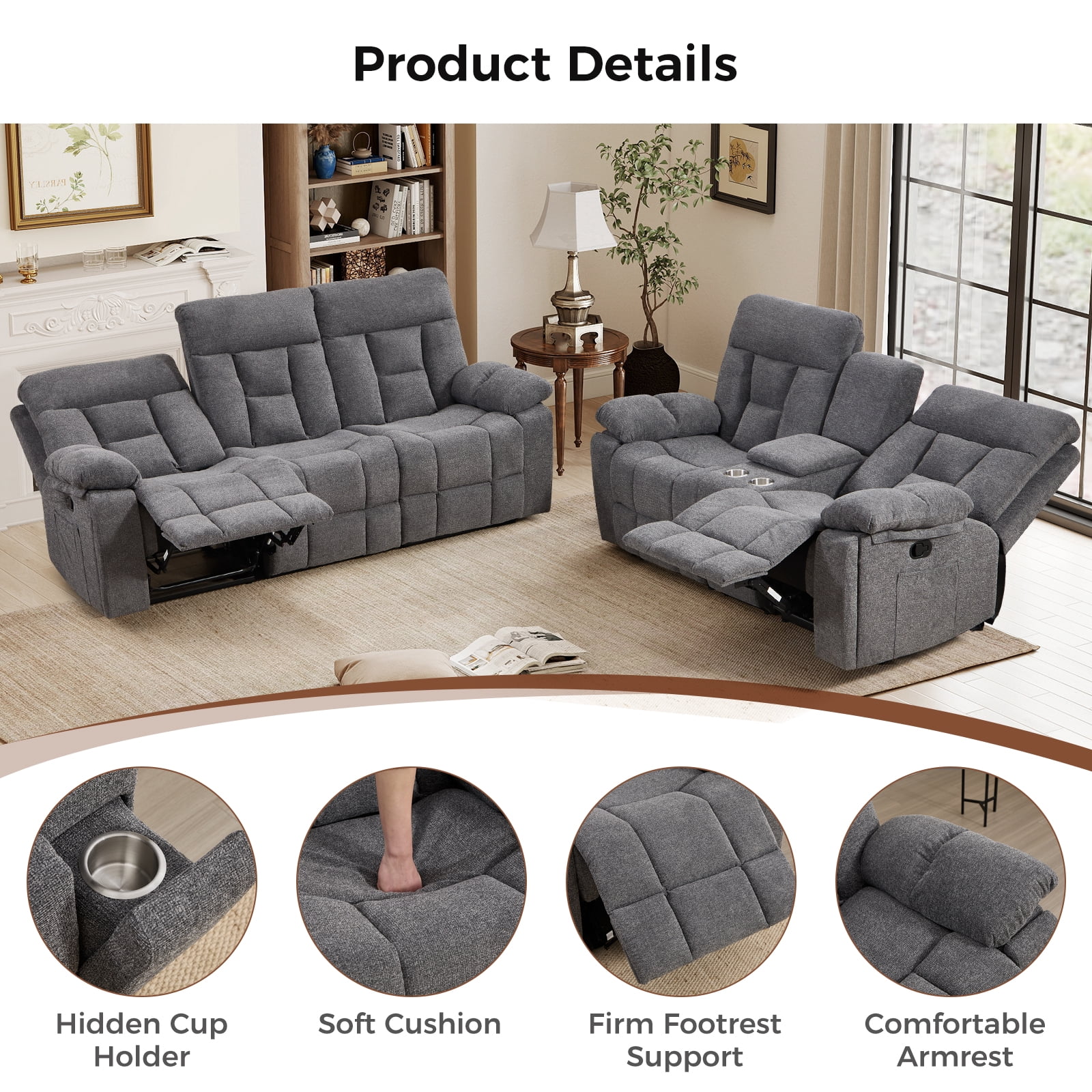 Bonzy Home 2-Piece Recliner Sofa Set — Reclining Loveseat & Extra-Wide 3-Seat Bonded Fabric Sofa, Gray
