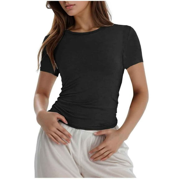 Women Crewneck Shirts Double Lined Short Sleeved Cropped Solid Basic Tees 2025 Summer Casual Slim Fit Workout Tops