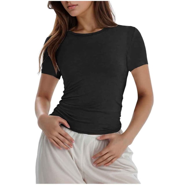 JFHHQ T-Shirt Basique Ajusté pour Femmes à Manches Courtes pour Tenue Décontractée SBlack