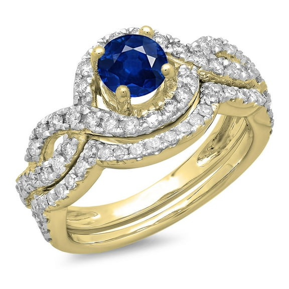 Dazzlingrock Collection 14K Blue Sapphire & White Diamond Swirl Bridal Halo Engagement Ring Set, Yellow Gold, Size 9