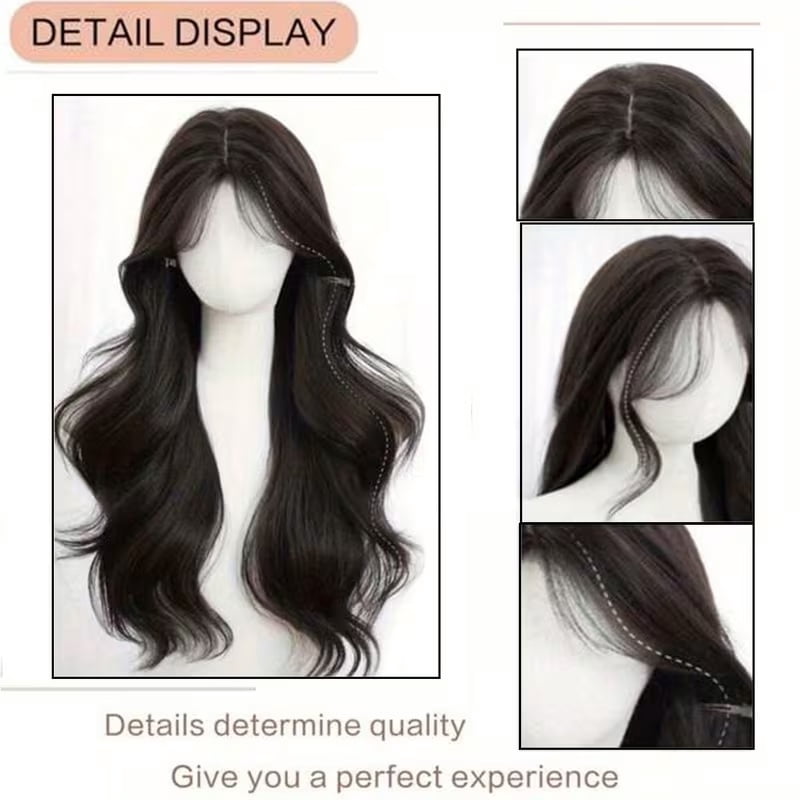 24-inch 240g heat-resistant synthetic wig medium-length wavy bangs black brown elegant women's daily wear wig