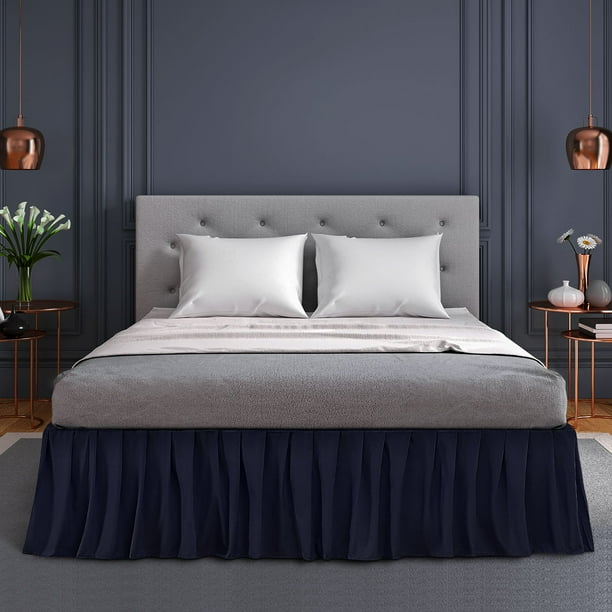 Ruffled Brushed Bed Skirts Polyester Platform 16" Drop Queen Navy Blue