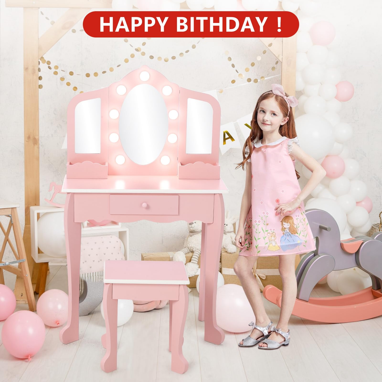 TROPOW Kids Vanity with 3 Mirrors and Stool, Girls Vanity with Wood Makeup PlaySets, Princess Vanity Table for Toddlers,Pink