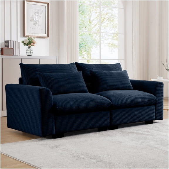 JERFIT Modern 2-Seater Corduroy Sofa for Small Spaces, Comfortable Loveseat Couch with Pillows, Blue