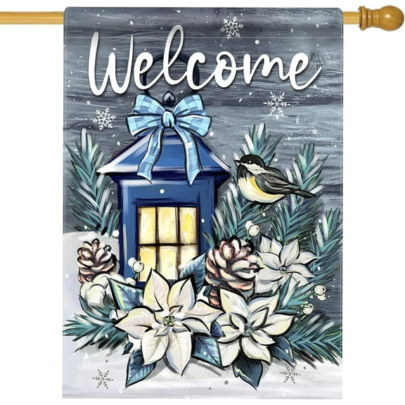 Welcome Winter Blue Lantern Poinsettia House Flag Double Sided, Chickadee Bird Pine Cone Snow Decorative Garden Yard Outdoor Large Decor, Christmas Farmhouse Home Outside Decoration 28 x 40