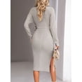 thumbnail image 5 of Biekopu Women's Knit Midi Slim Dress Solid Color Wrap V-Neck Knot Front Long Sleeve Dress for Fall, 5 of 5