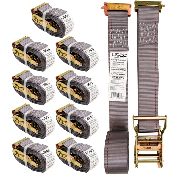 Correas De Trinquete E-Track Us Cargo Control (Paquete De 10) Correas E-Track Grises Resistentes De 2 Pulgadas X 16 Pies Con Extremo Fijo De 4 Pies Y Accesorios E De Resorte 1,467 Libras. Correas De T