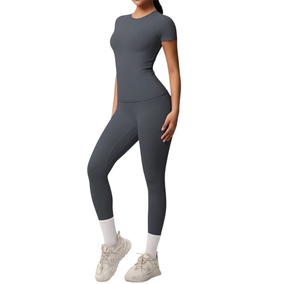 Women's 2 Piece Yoga Sets Short Sleeve Gym Tracksuit High Waist Running Leggings & Crop Top Outfits
