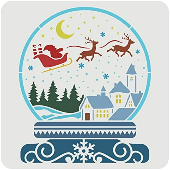 Christmas Themed Crystal Ball Decoration Stencil 11.8x11.8inch Santa Sleigh House Pattern Large Painting Reusable Mylar Template for Wall Wood Window Signs Christmas Home Decor