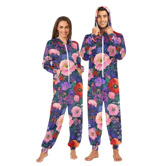 FORMRS Onesies Pajama for Adults Unisex Hoodie Winter Jumpsuit One Piece Sleepwear, Sizes S-2XL, Beautiful Floral Pattern