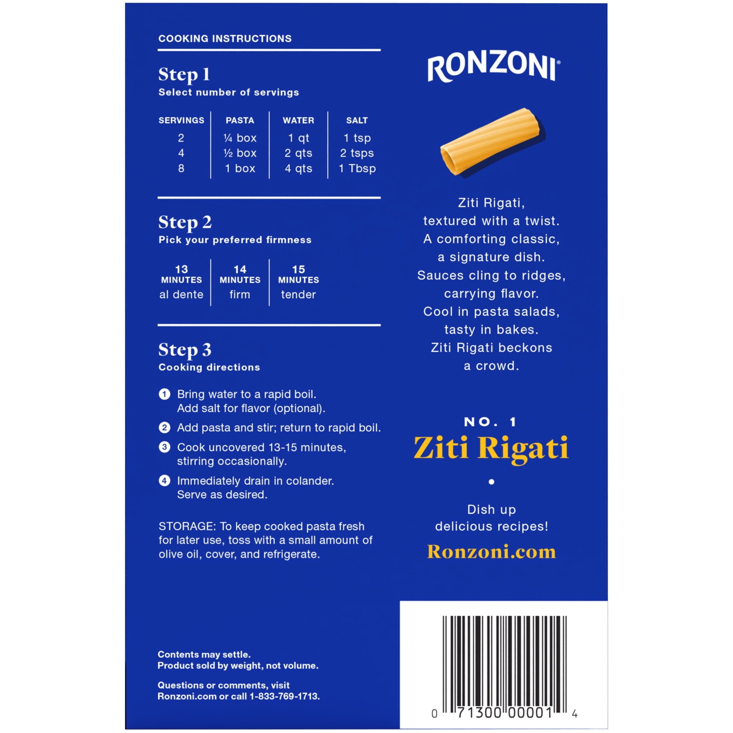 (2 pack) Ronzoni Ziti Rigati, Ridged Tubed Pasta, Non-GMO, (Shelf Stable), 16 oz