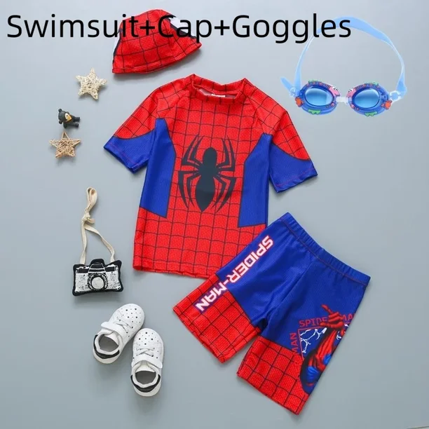 Traje de baño para bebés y niños pequeños, bañador de Spiderman de Los Vengadores, flotador para niños, traje de surf para niños, ropa de playa de dibujos animados con sombrero y gafas