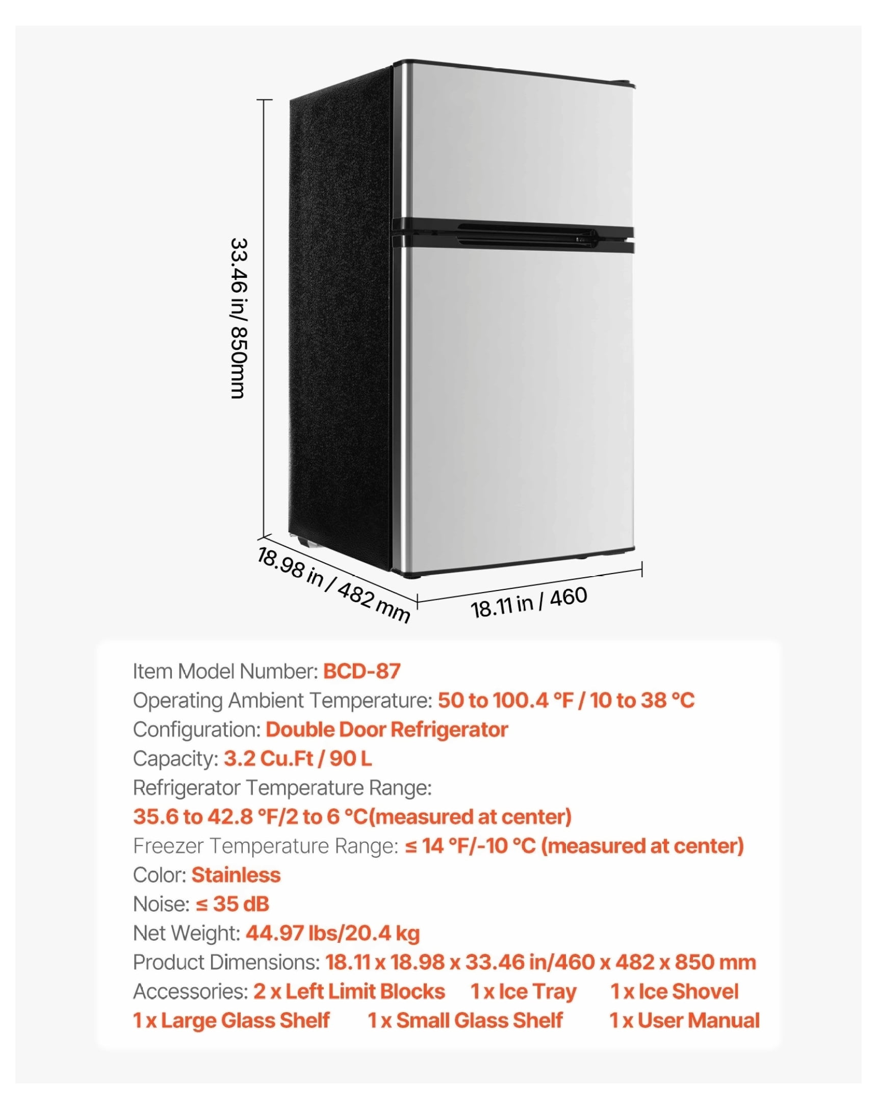 Mini Fridge with Freezer 3.2 Cu.Ft, Compact Refrigerator Two Door, Adjustable Temp, Energy Efficient, Reversible Door, Low Noise - Bedroom, Dorm, Office