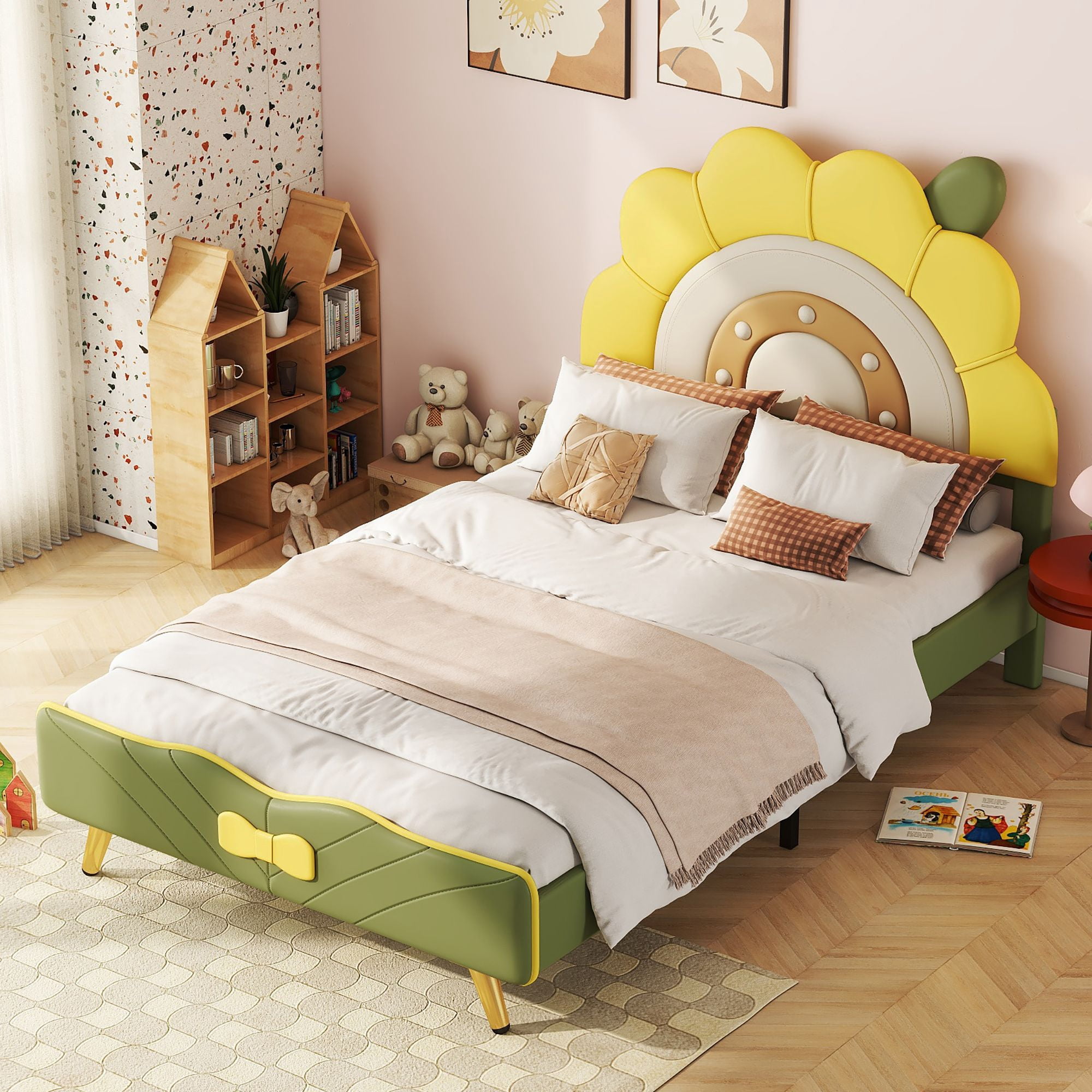 Aukfa Twin Upholstered Bed Frame, Cartoon Bed with Sunflower Shape Headboard for Kids, Green