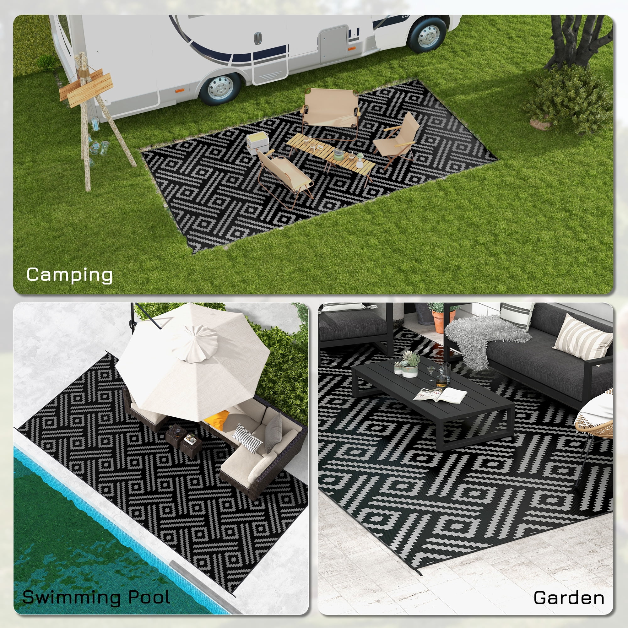 Outsunny RV Mat, Outdoor Patio Rug / Large Camping Carpet with Carrying Bag, 9' x 18', Waterproof Plastic Straw, Reversible, Black & Gray Geometric