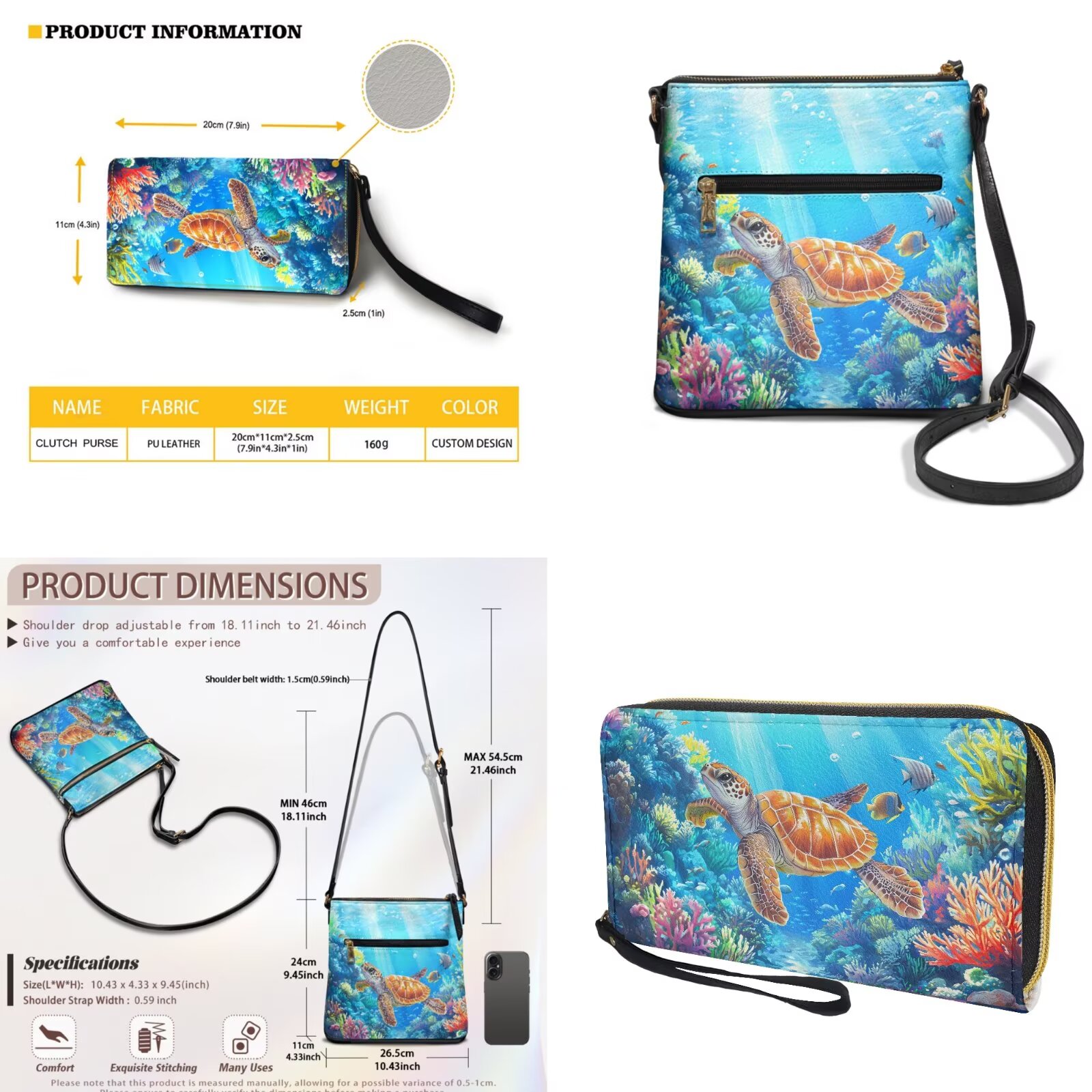 ZUXONGSY Sea Turtle Coral Print PU Leather Crossbody Hobo Bag and Wallet Set for Women, Adjustable Strap, Perfect for Travel, Work & Shopping