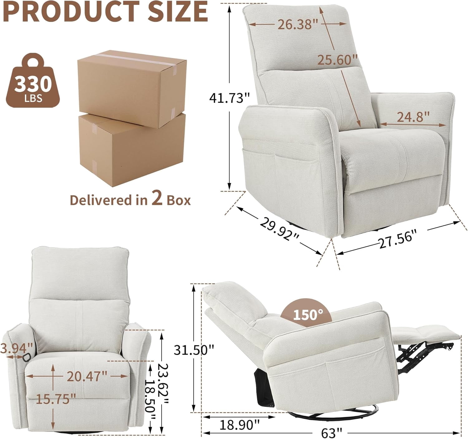 Howcool Power Swivel Rocker Recliner Chair for Nursery, Upholstered 270° Swivel Glider Chair with USB Ports, Power Recliners for Small Spaces Living Room,Gray