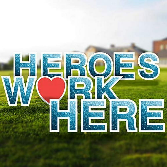 Vispronet Heroes Work Here Yard Signs with Stakes – Large Easily Readable 18in Tall Letters – Weather-Resistant Signs – Support Your Nurses, Doctors and First Responders (Faux Glitter Blue)