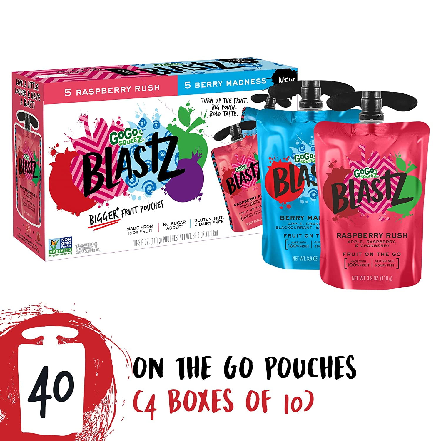 GoGo squeeZ BlastZ Fruit Pouches on the Go, Variety Pack (Raspberry